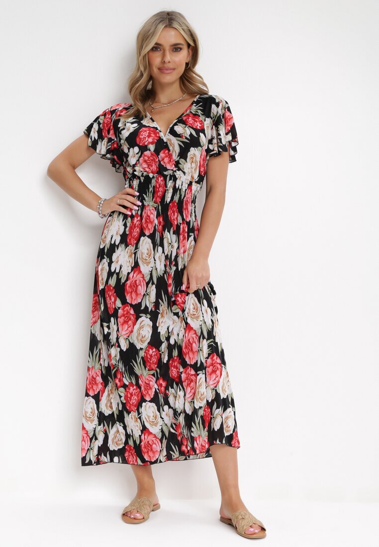 j&x Rochie maxi evazată negru-roșu cu decolteu petrecut și talie elastică încrețită Saera