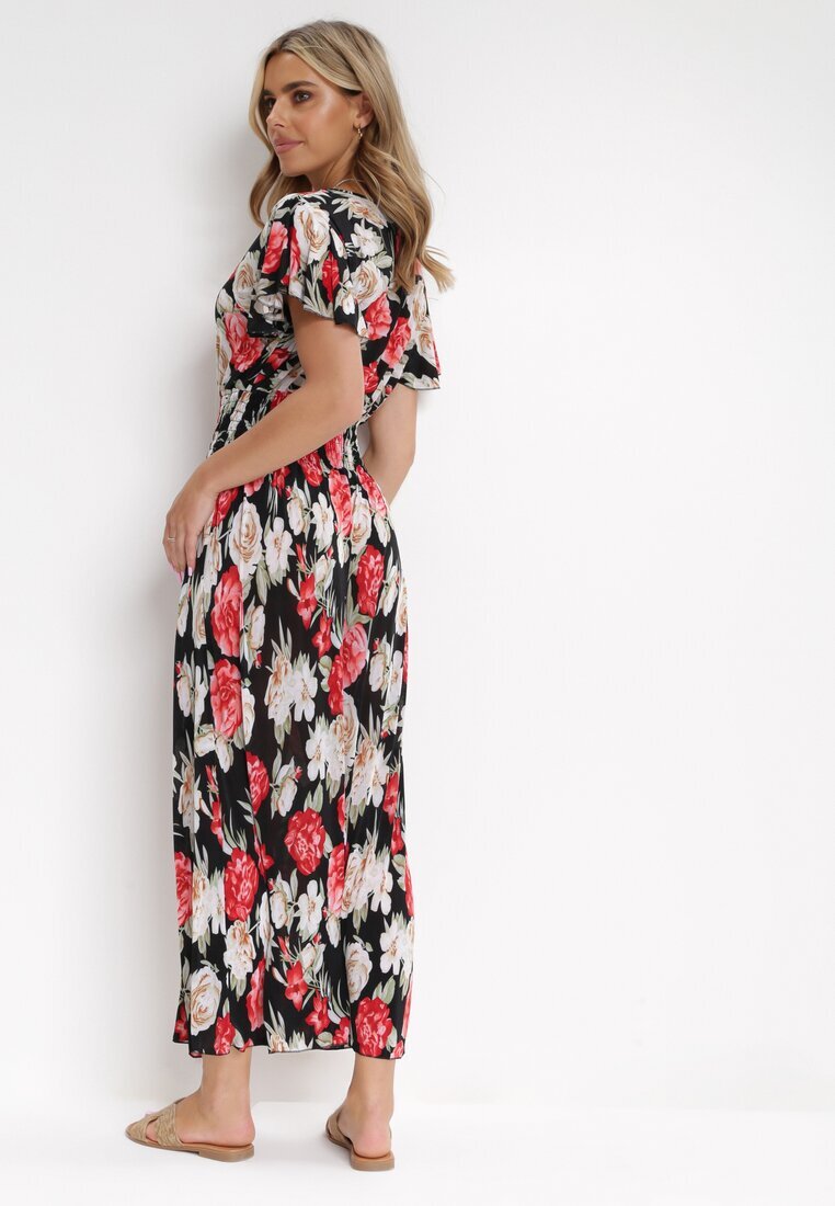 j&x Rochie maxi evazată negru-roșu cu decolteu petrecut și talie elastică încrețită Saera