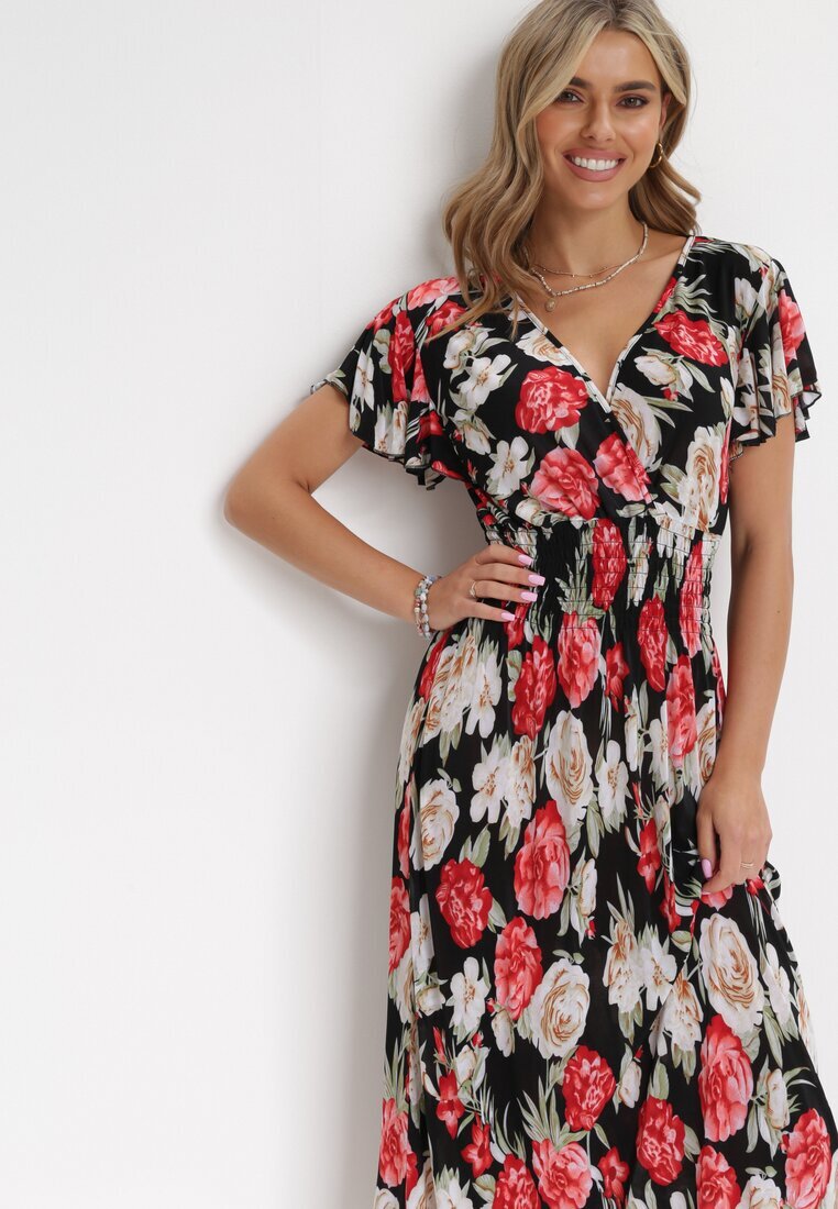 j&x Rochie maxi evazată negru-roșu cu decolteu petrecut și talie elastică încrețită Saera