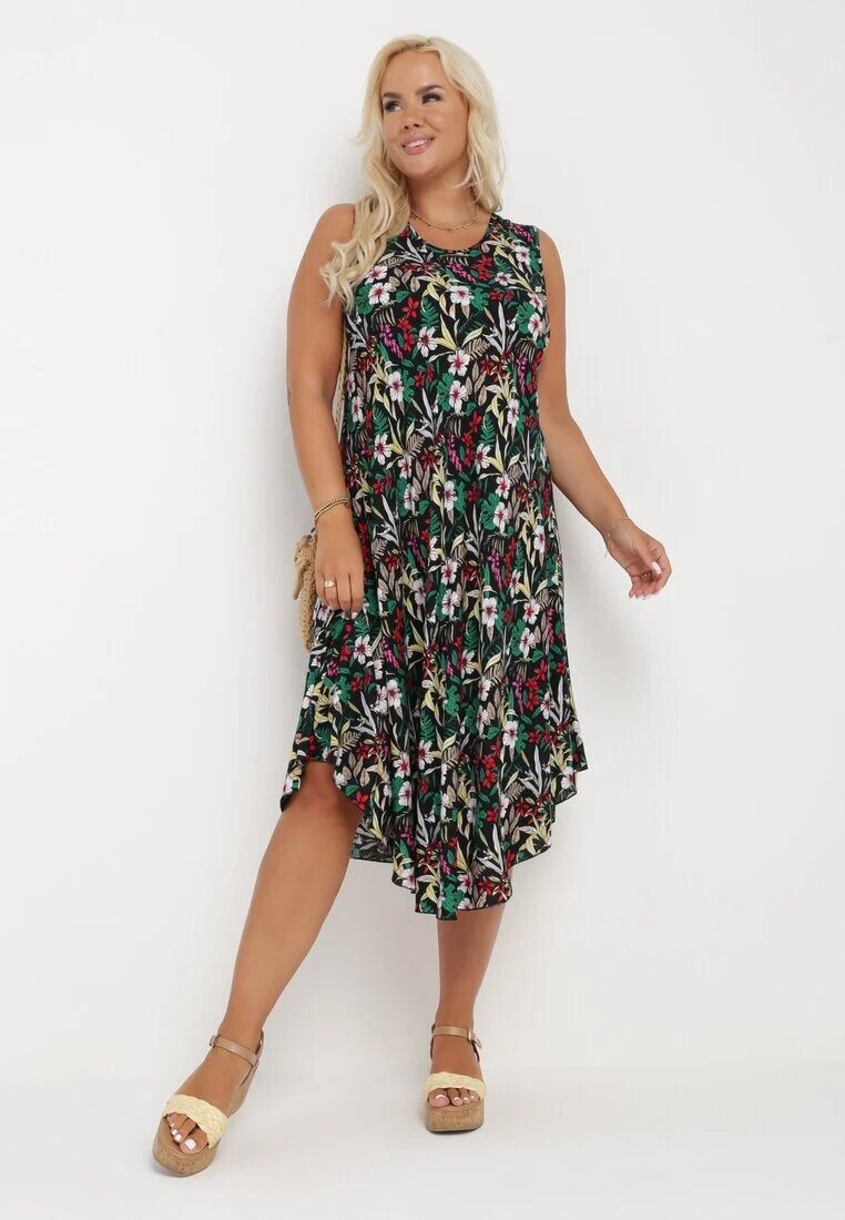 j&x Rochie Midi Negru-Verde cu Decolteu Rotund și Print Floral Eleanes