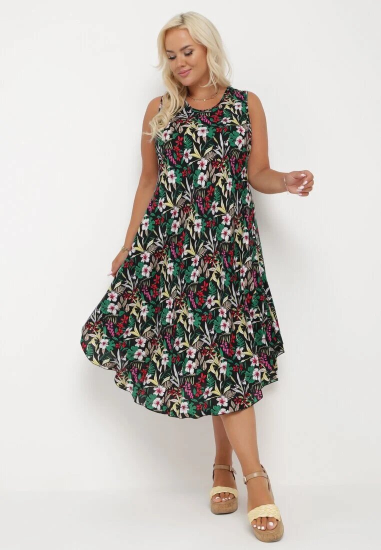 j&x Rochie Midi Negru-Verde cu Decolteu Rotund și Print Floral Eleanes
