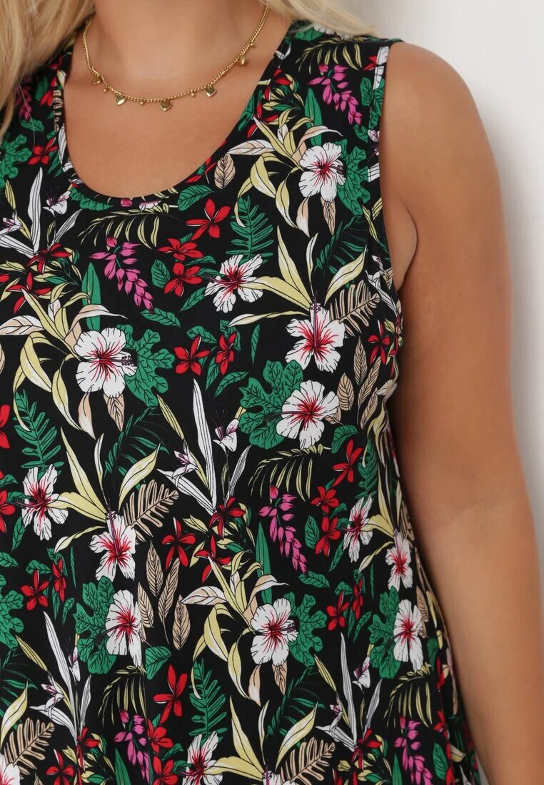 j&x Rochie Midi Negru-Verde cu Decolteu Rotund și Print Floral Eleanes