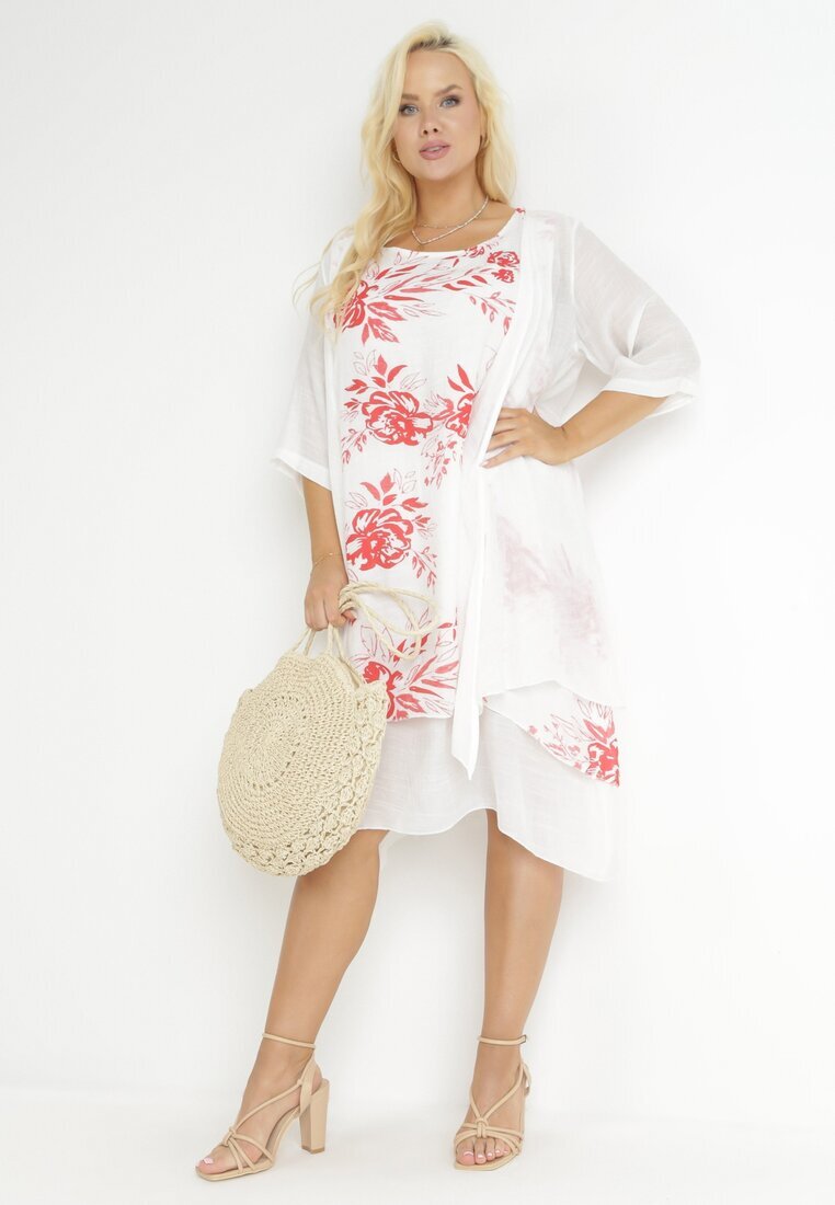j&x Rochie Midi Trapez Roșu-Albă din Bumbac cu Flori și Bolero Elephira