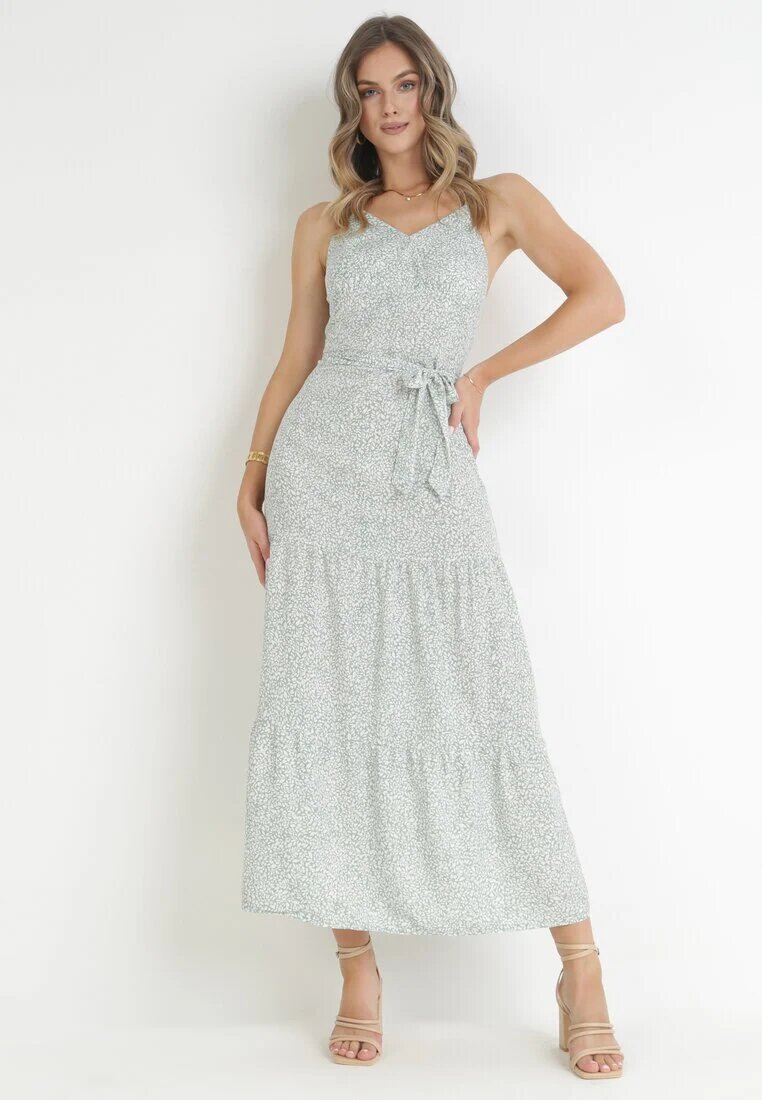 j&x Rochie Miętowa Maxi cu bretele subțiri cu volan cu flori Jessili