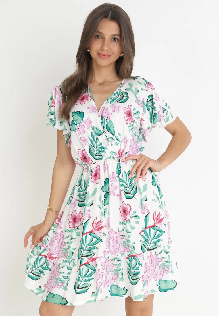 j&x Rochie Mini Albă cu elastic în talie și mâneci scurte din viscoză Ferny