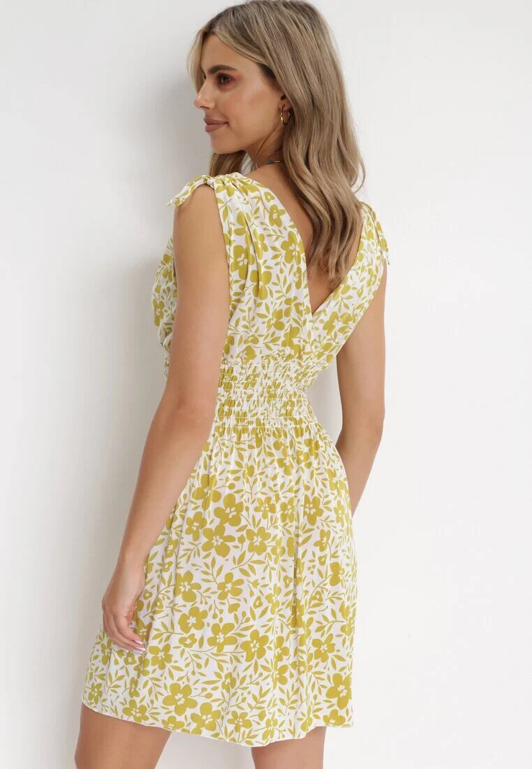 j&x Rochie Mini Galbenă cu Elastic în Talie și Decolteu Petrecut Floral Ladgerda