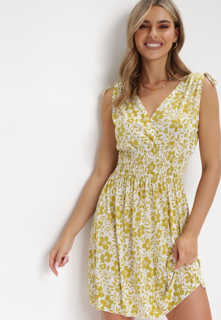 j&x Rochie Mini Galbenă cu Elastic în Talie și Decolteu Petrecut Floral Ladgerda