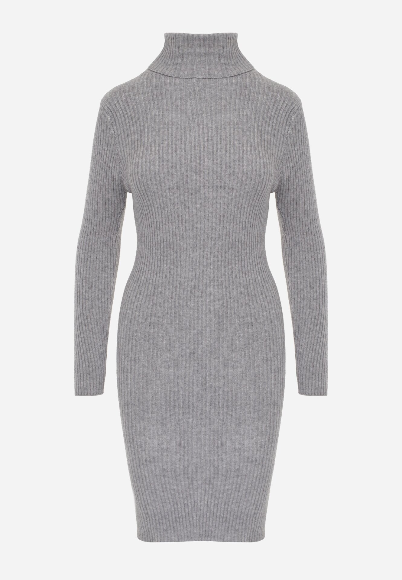 j&x Rochie Mini Gri Mulată din Tricot Reiat cu Guler Înalt Helmine