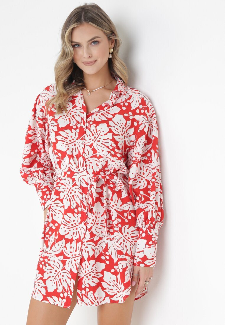 j&x Rochie Mini Roșie Tip Cămașă cu curea din material și manșete Late Fidonisa