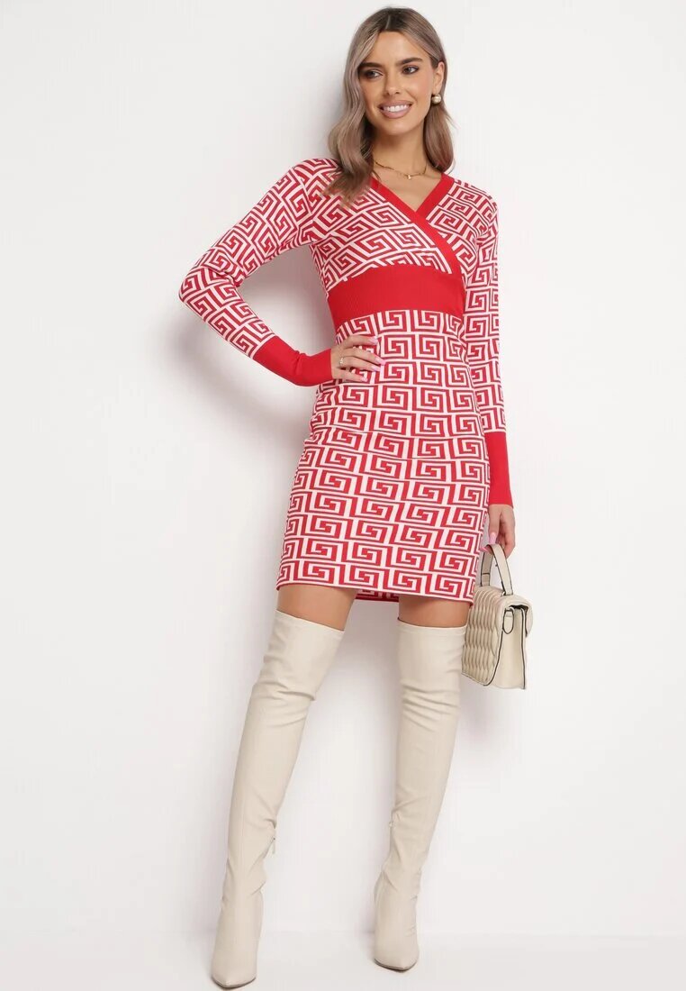 j&x Rochie Mini Roșie Tricotată Mulată cu Model Geometric și Decolteu Petrecut Mustella