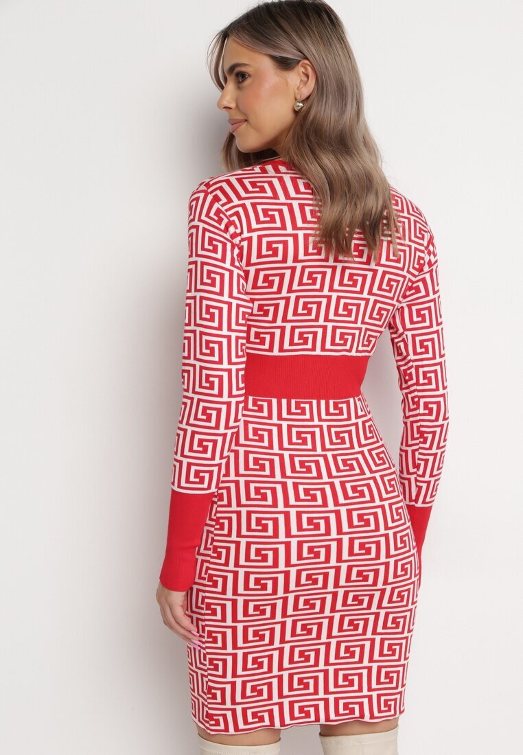 j&x Rochie Mini Roșie Tricotată Mulată cu Model Geometric și Decolteu Petrecut Mustella