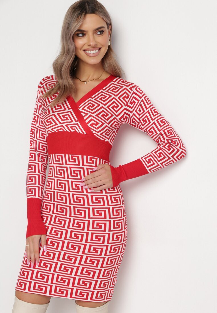 j&x Rochie Mini Roșie Tricotată Mulată cu Model Geometric și Decolteu Petrecut Mustella