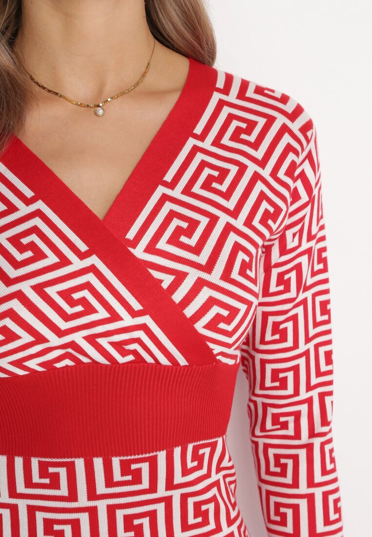j&x Rochie Mini Roșie Tricotată Mulată cu Model Geometric și Decolteu Petrecut Mustella
