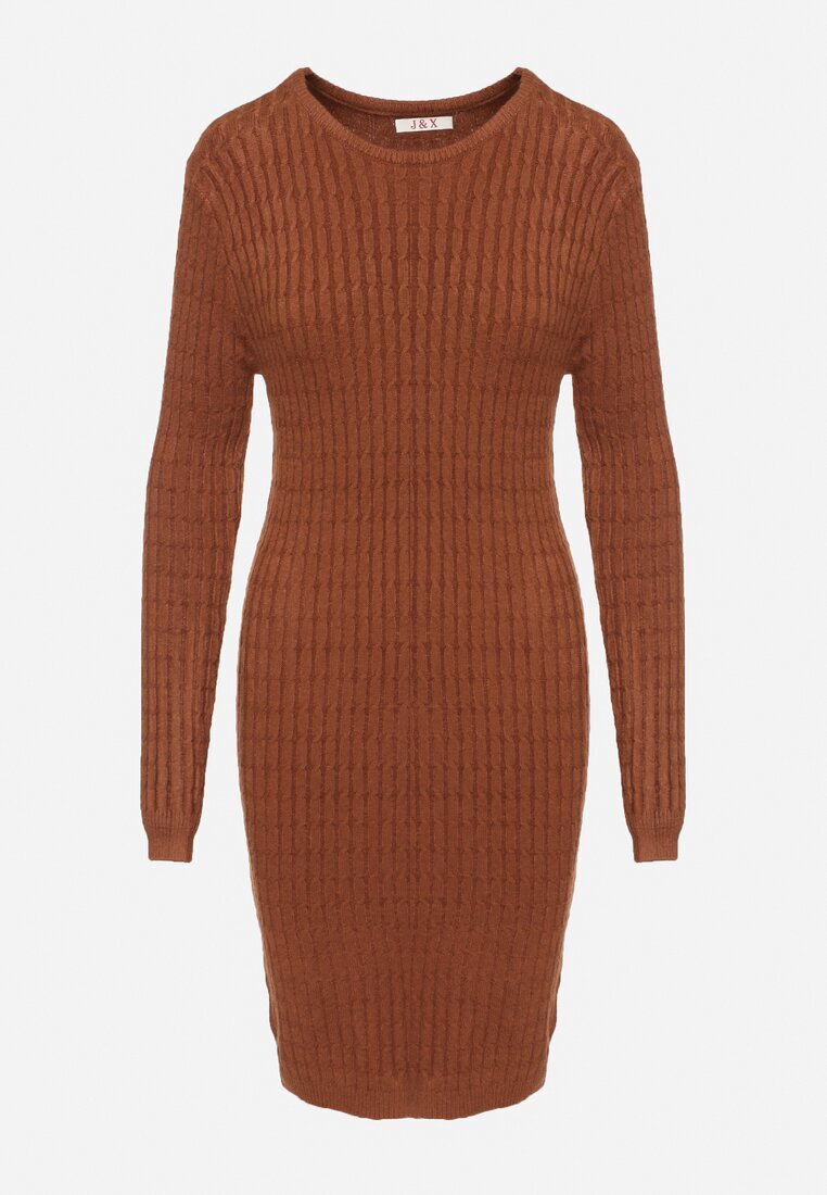 j&x Rochie Mini Tricotată Maro cu Nervuri Decorative și Croi Cambrat Kais