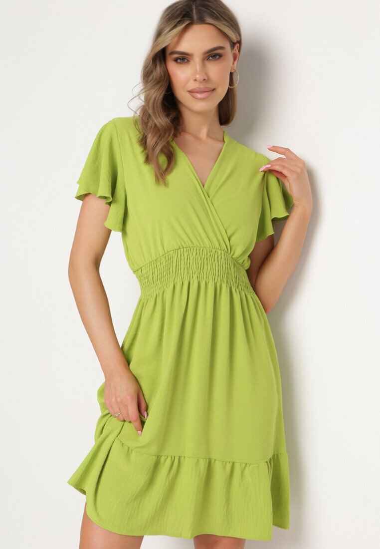 j&x Rochie Mini Verde Deschis cu elastic în talie și volan Senait