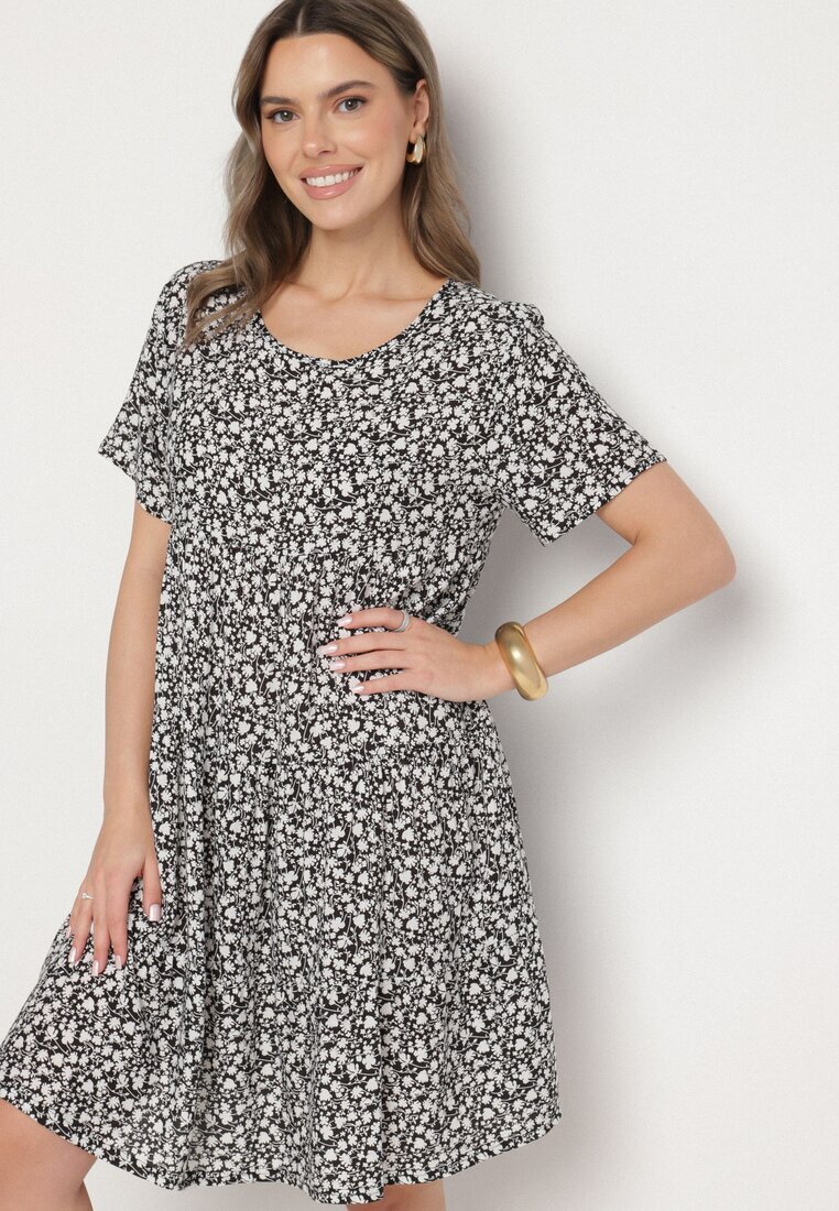 j&x Rochie Neagră cu Bumbac cu Model Floral Lunasenia