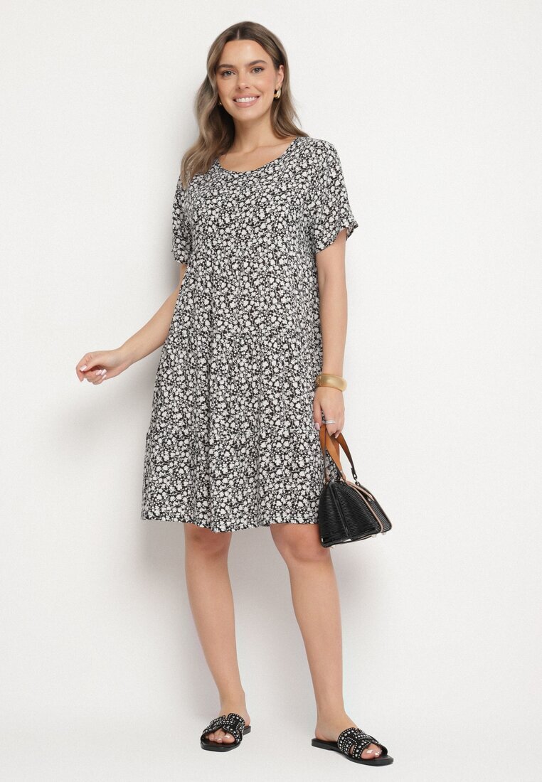j&x Rochie Neagră cu Bumbac cu Model Floral Lunasenia