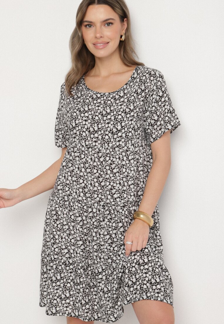j&x Rochie Neagră cu Bumbac cu Model Floral Lunasenia