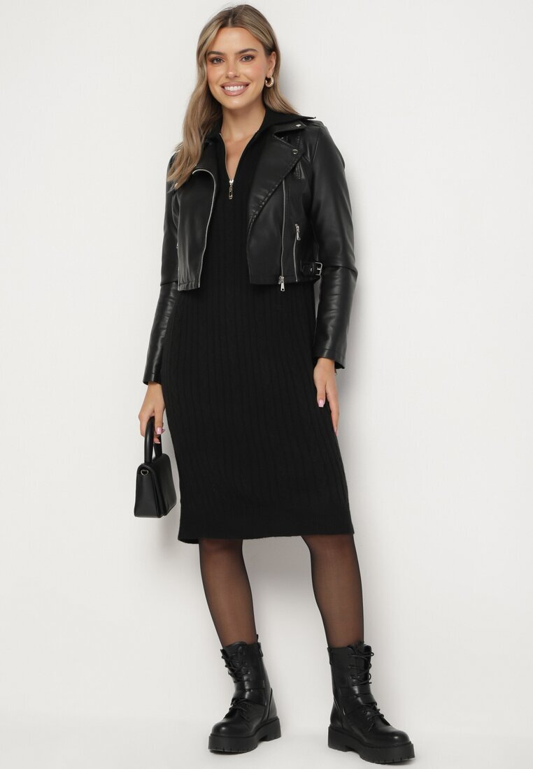 j&x Rochie Neagră cu Bumbac și Lână cu Guler cu Fermoar Tereithra