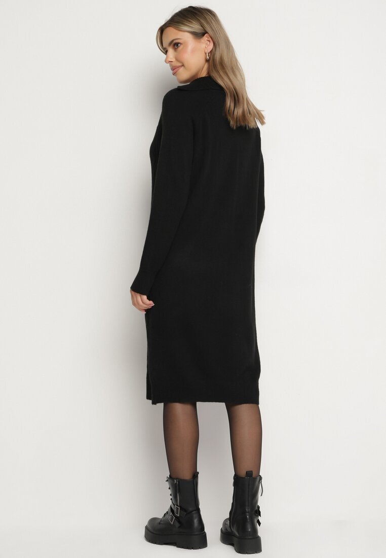 j&x Rochie Neagră cu Bumbac și Lână cu Guler cu Fermoar Tereithra