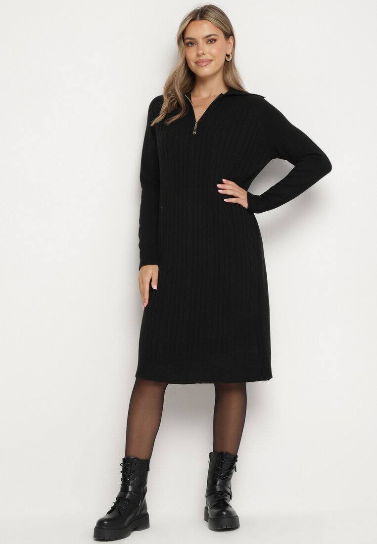 j&x Rochie Neagră cu Bumbac și Lână cu Guler cu Fermoar Tereithra