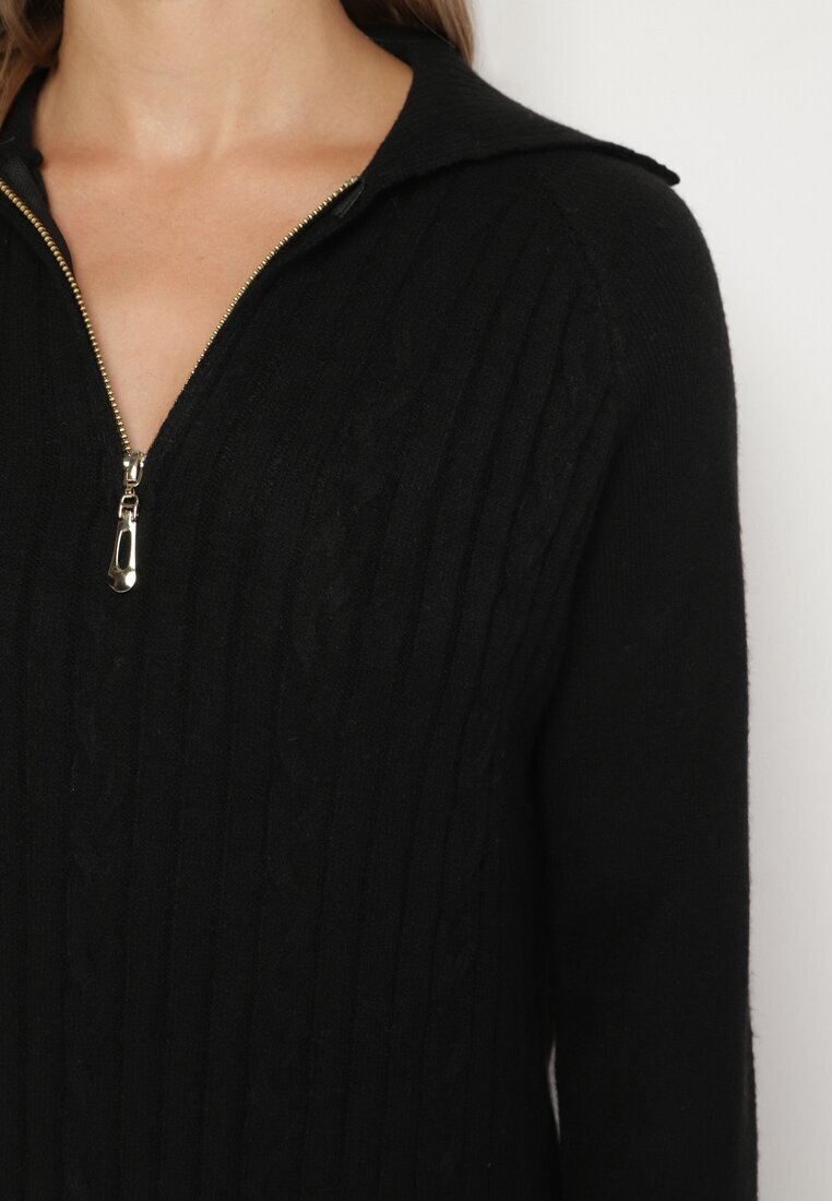 j&x Rochie Neagră cu Bumbac și Lână cu Guler cu Fermoar Tereithra