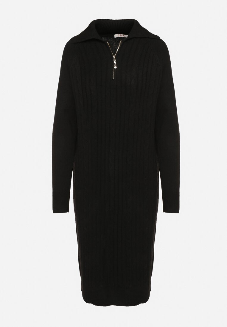 j&x Rochie Neagră cu Bumbac și Lână cu Guler cu Fermoar Tereithra