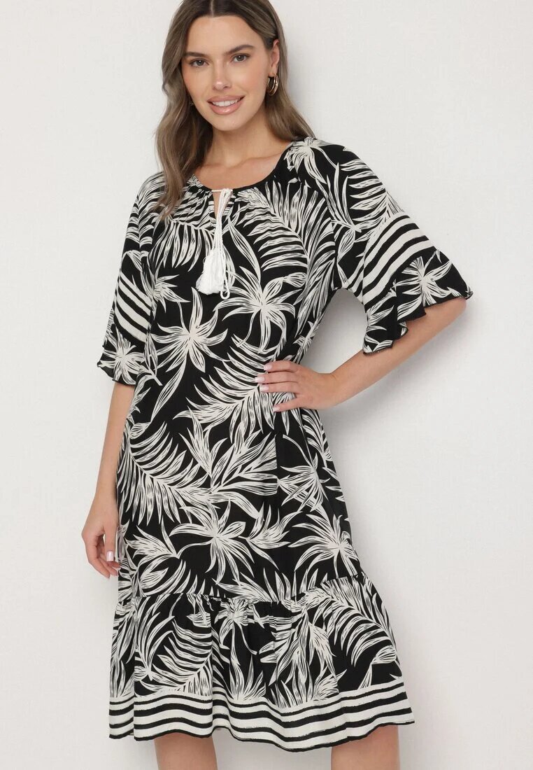 j&x Rochie neagră cu croială tip cutie cu legătură la decolteu cu imprimeu vegetal Mirionela