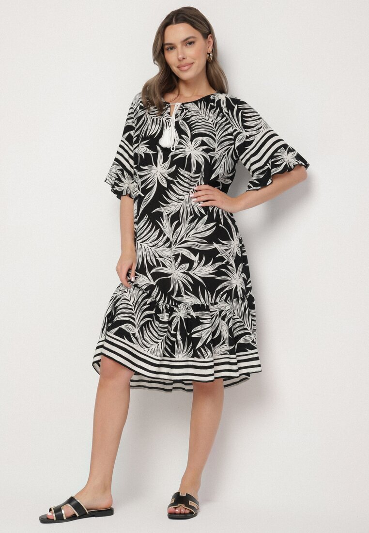 j&x Rochie neagră cu croială tip cutie cu legătură la decolteu cu imprimeu vegetal Mirionela