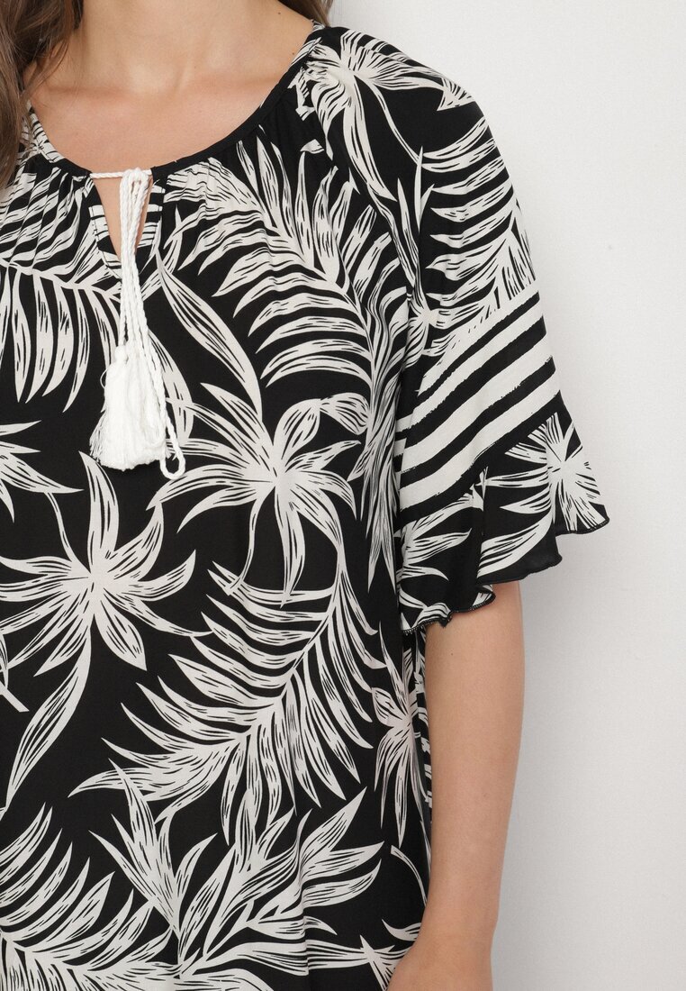 j&x Rochie neagră cu croială tip cutie cu legătură la decolteu cu imprimeu vegetal Mirionela