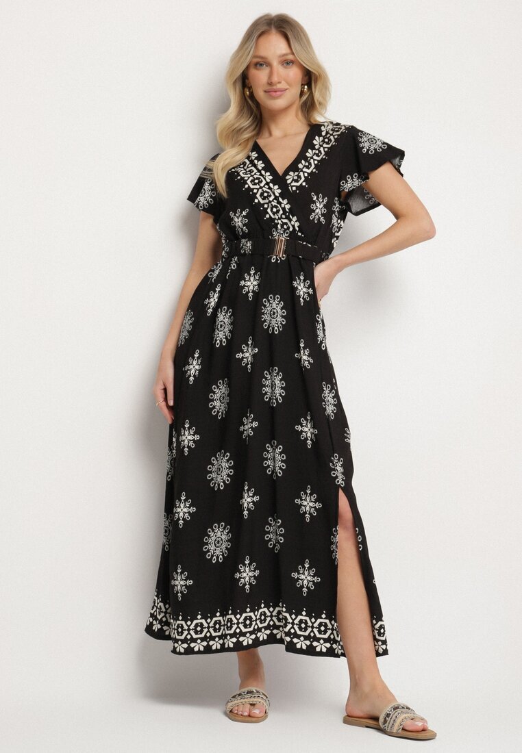 j&x Rochie Neagră cu Model Ornamental cu Cordon Elastic Tosvanna
