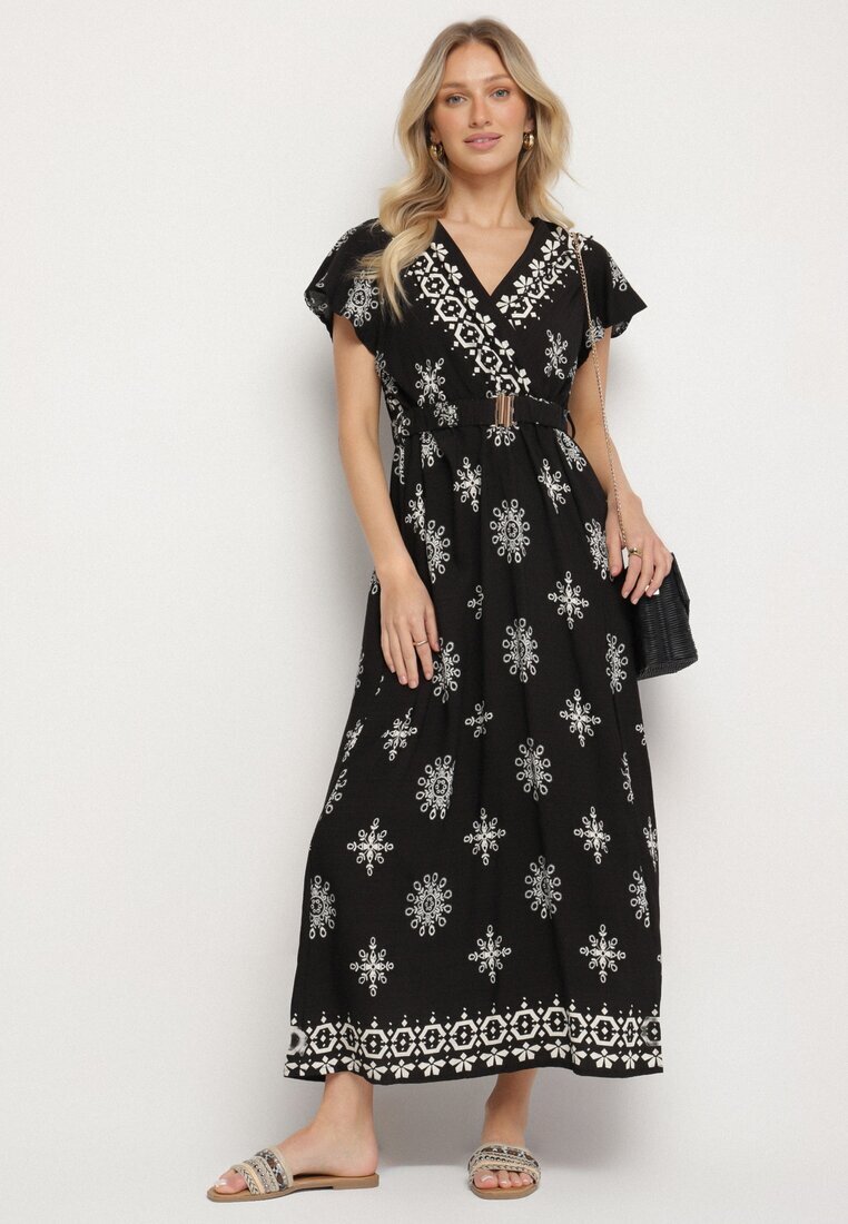 j&x Rochie Neagră cu Model Ornamental cu Cordon Elastic Tosvanna
