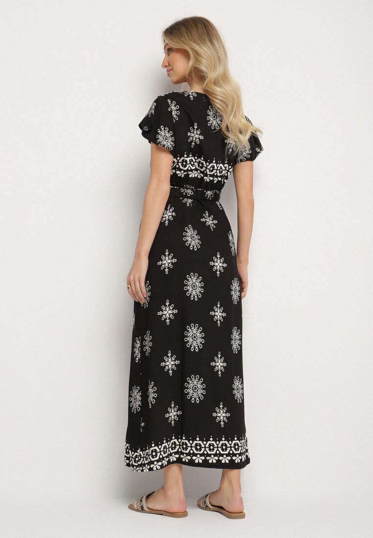 j&x Rochie Neagră cu Model Ornamental cu Cordon Elastic Tosvanna