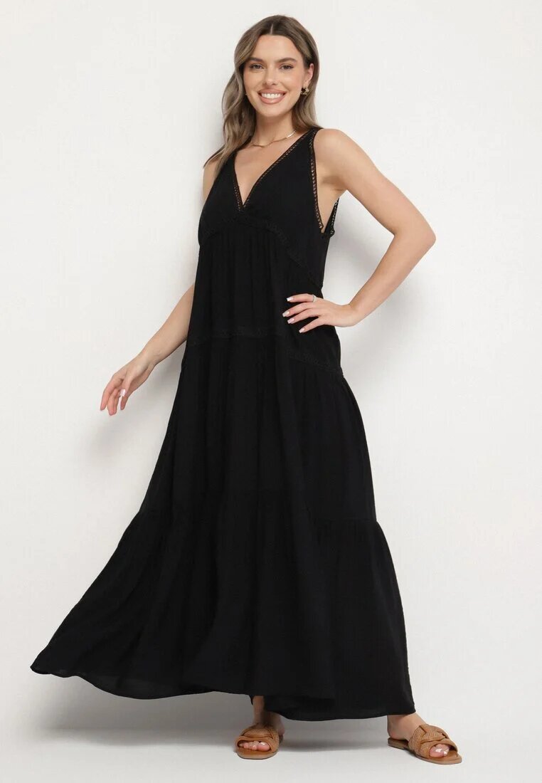 j&x Rochie Neagră cu Vâscoză și Model Croșetat Meviellea