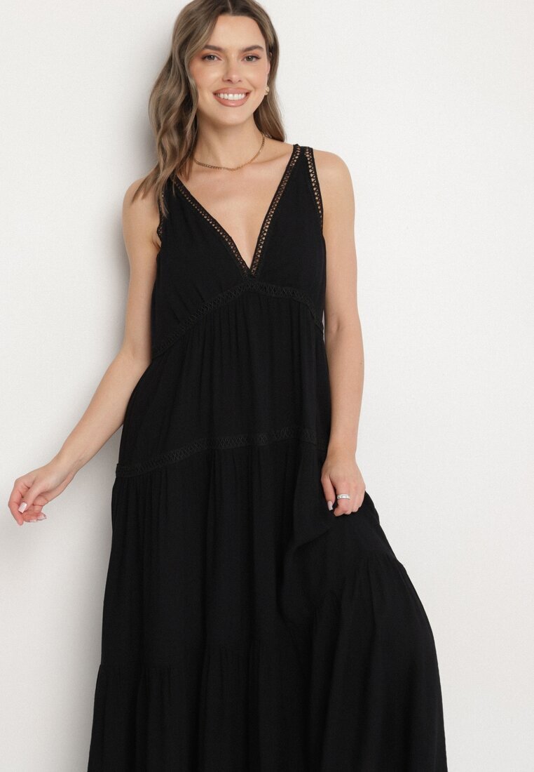 j&x Rochie Neagră cu Vâscoză și Model Croșetat Meviellea