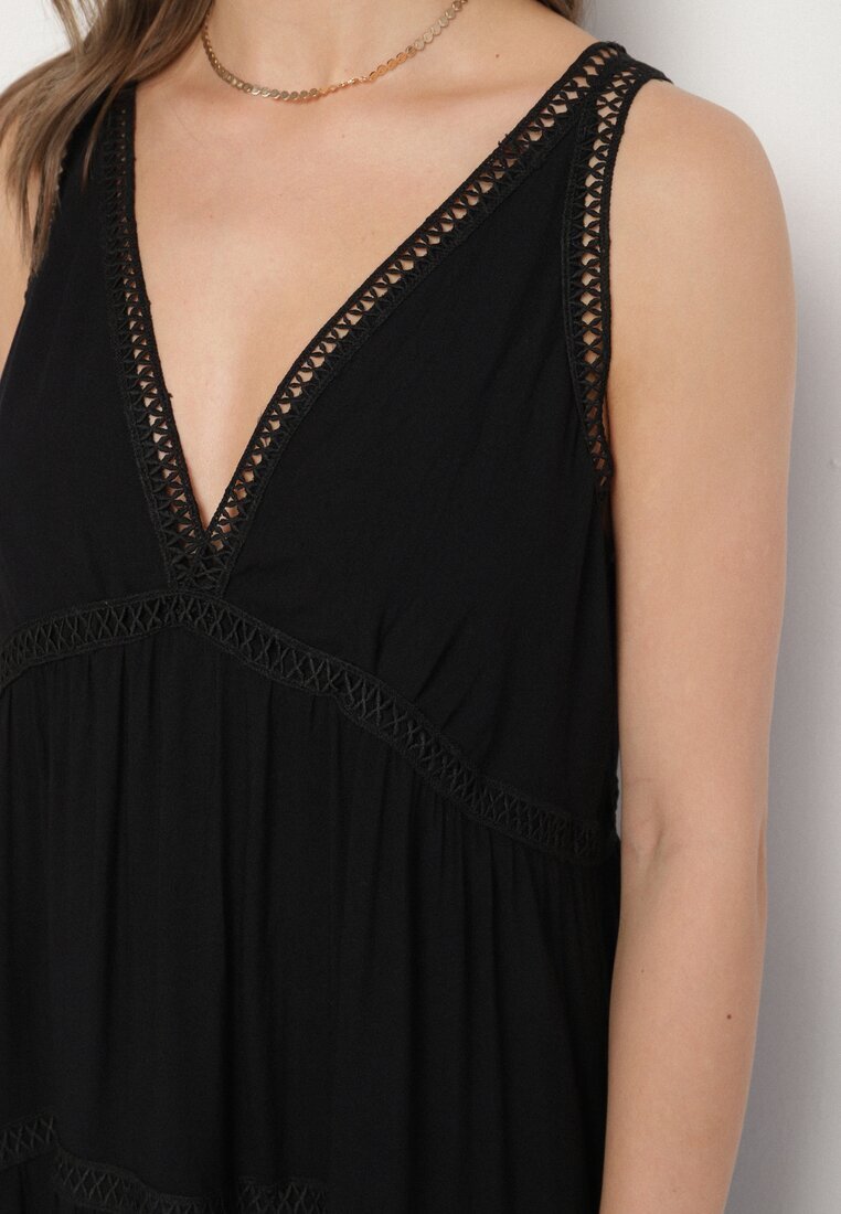 j&x Rochie Neagră cu Vâscoză și Model Croșetat Meviellea