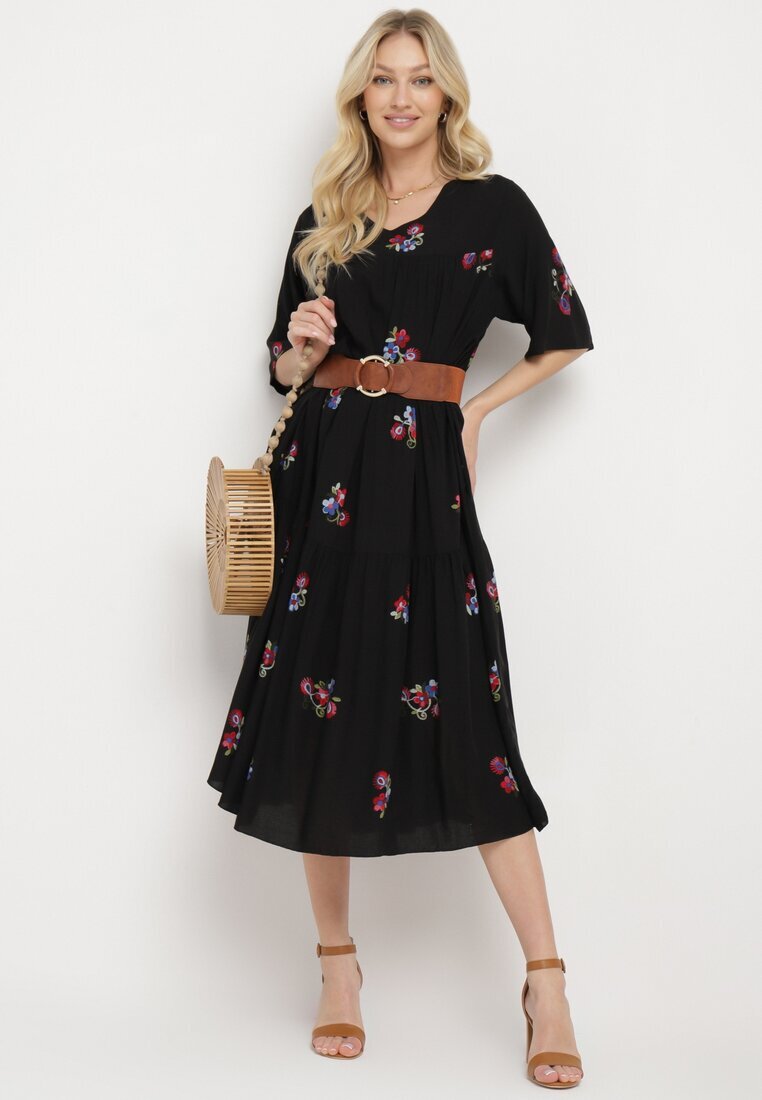 j&x Rochie Neagră de Vâscoză cu Croială Cloș și Mânecă Scurtă Givinia
