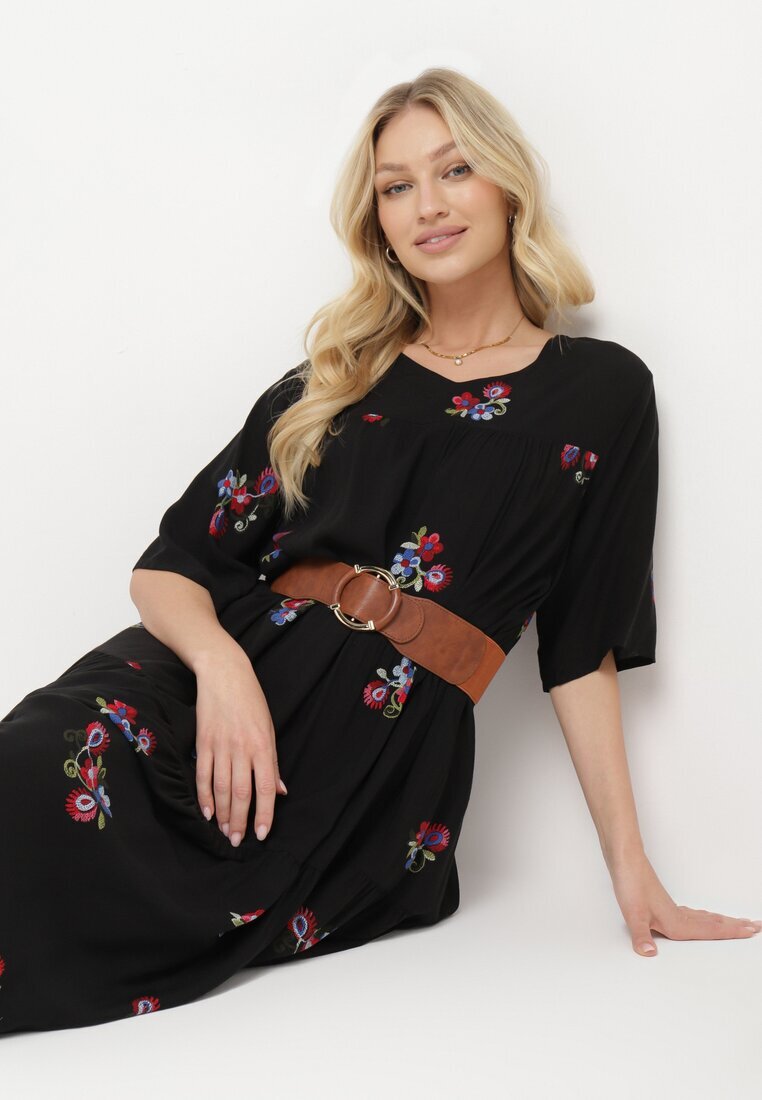 j&x Rochie Neagră de Vâscoză cu Croială Cloș și Mânecă Scurtă Givinia
