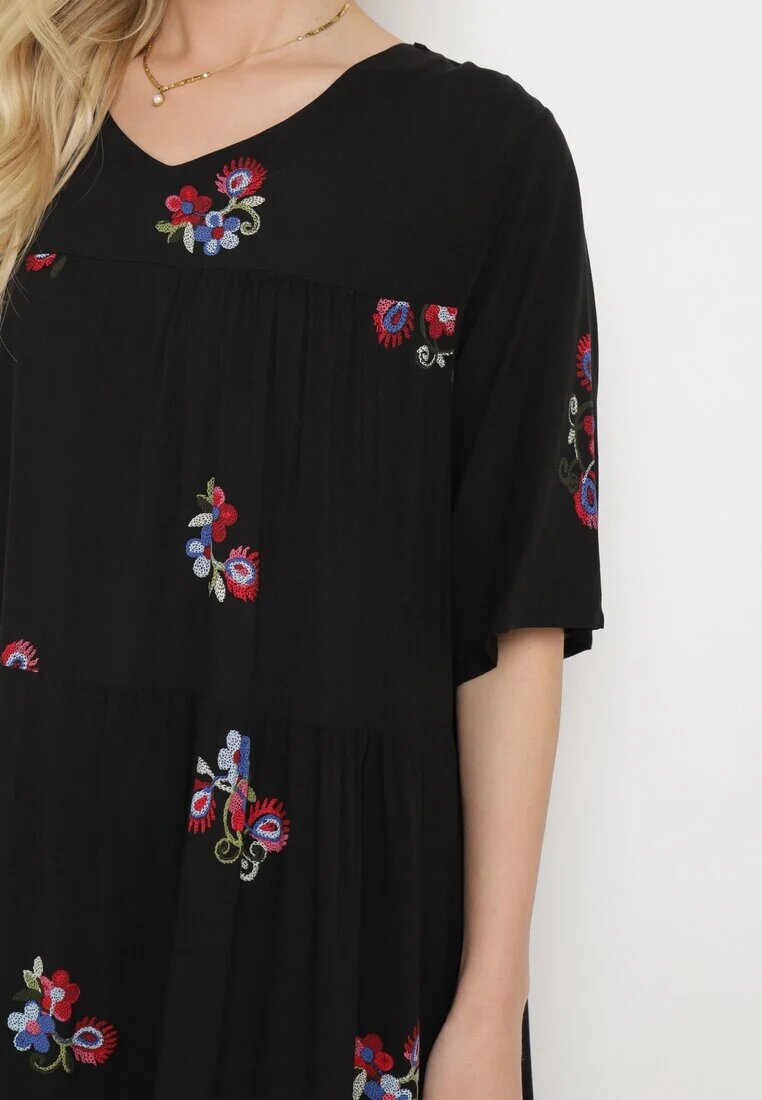 j&x Rochie Neagră de Vâscoză cu Croială Cloș și Mânecă Scurtă Givinia