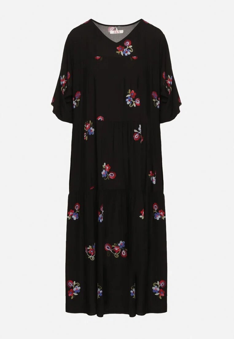 j&x Rochie Neagră de Vâscoză cu Croială Cloș și Mânecă Scurtă Givinia