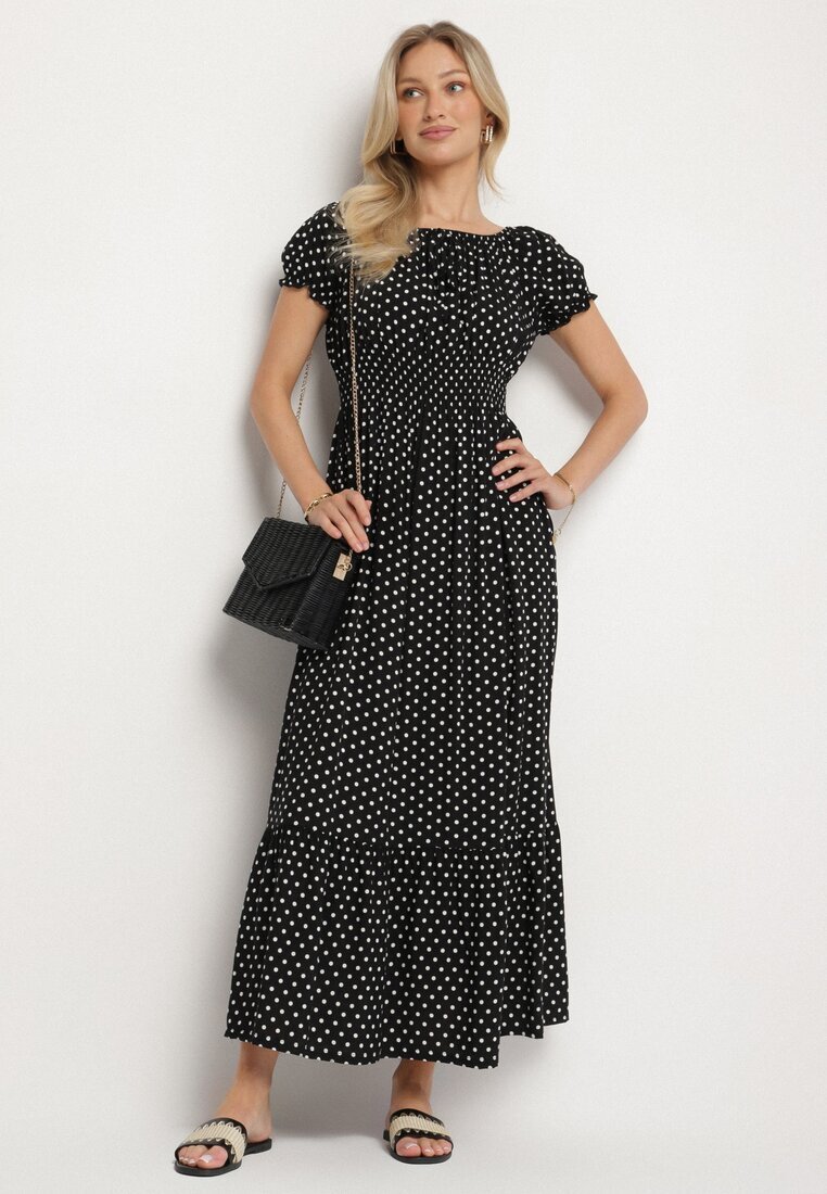 j&x Rochie Neagră din Bumbac cu Buline Ellisla