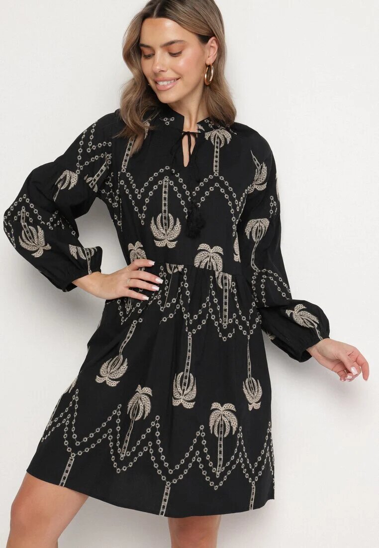 j&x Rochie Neagră din Bumbac Decorată cu Broderie cu Palmieri Zeliova