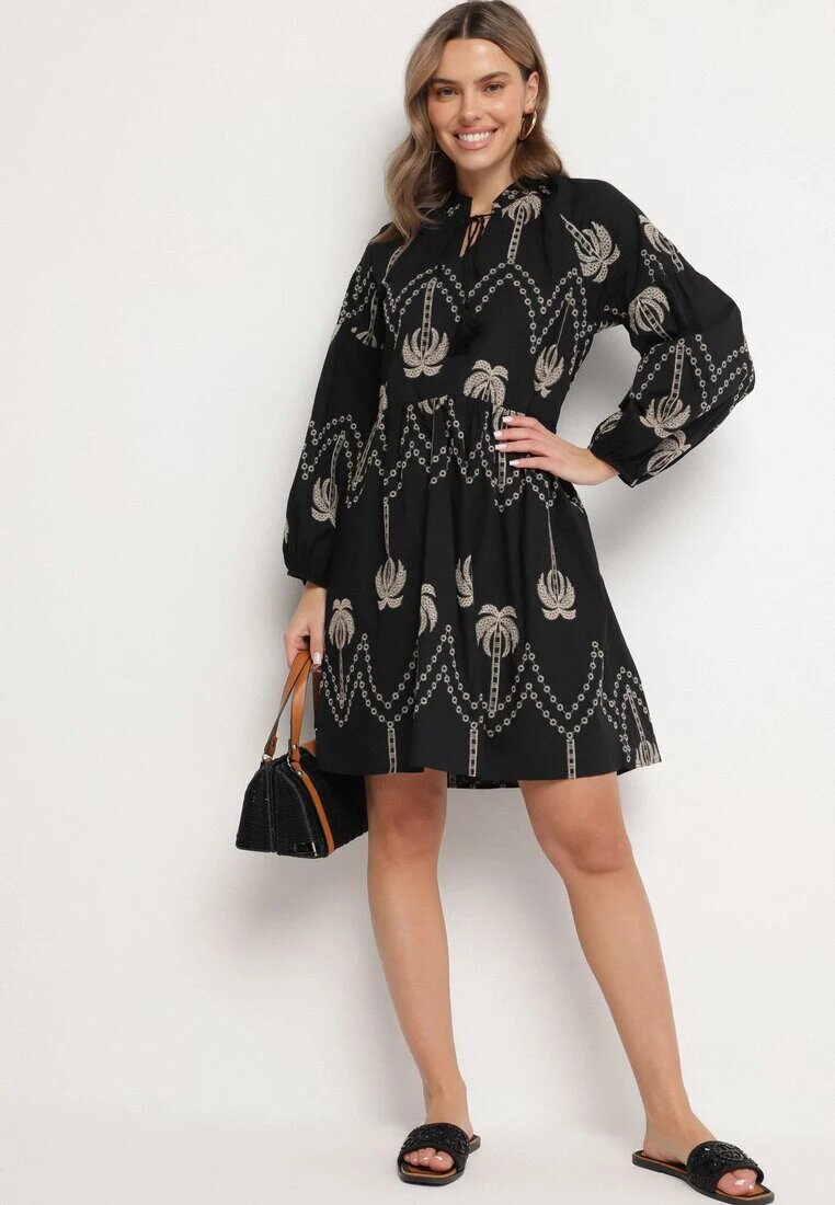 j&x Rochie Neagră din Bumbac Decorată cu Broderie cu Palmieri Zeliova