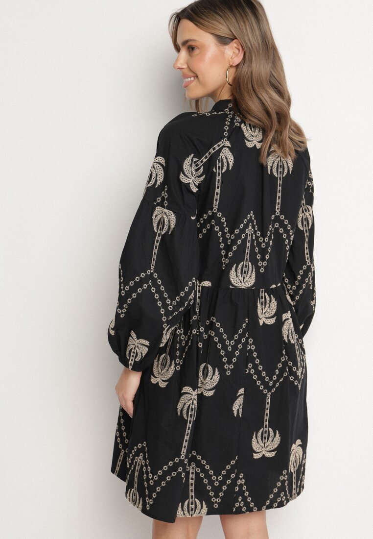 j&x Rochie Neagră din Bumbac Decorată cu Broderie cu Palmieri Zeliova