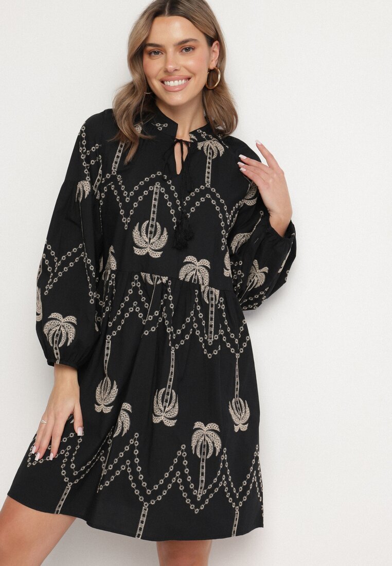 j&x Rochie Neagră din Bumbac Decorată cu Broderie cu Palmieri Zeliova