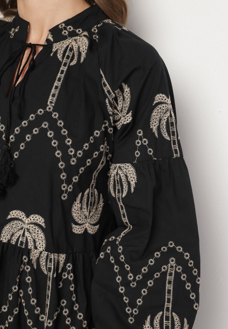 j&x Rochie Neagră din Bumbac Decorată cu Broderie cu Palmieri Zeliova