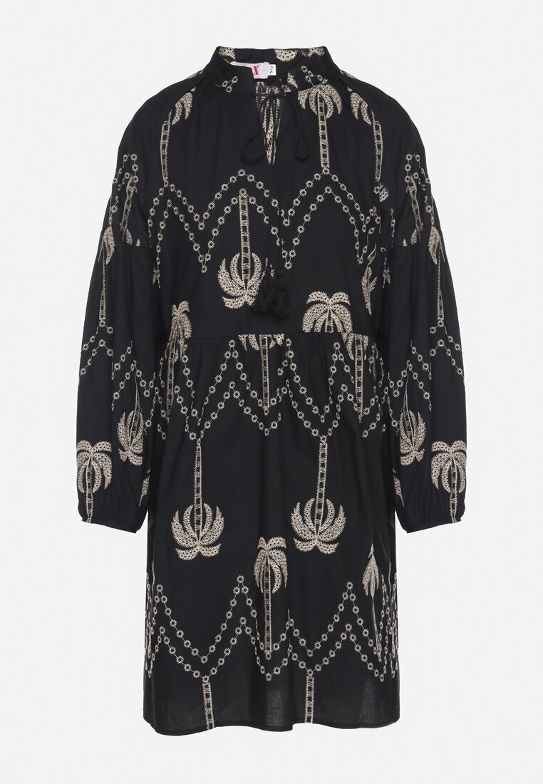 j&x Rochie Neagră din Bumbac Decorată cu Broderie cu Palmieri Zeliova