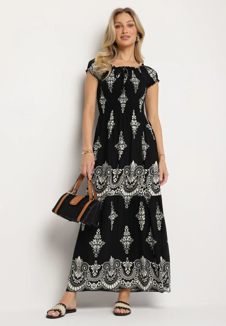j&x Rochie neagră din vâscoză cu top încrețit și model Boho Ellifae