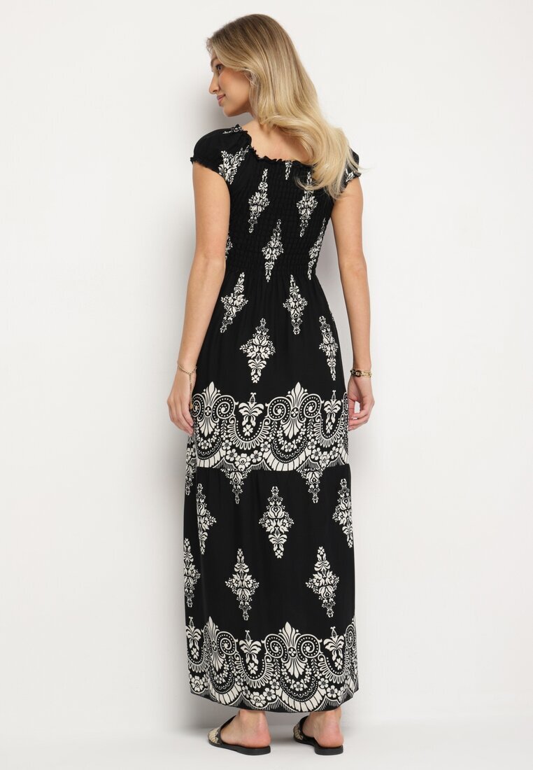 j&x Rochie neagră din vâscoză cu top încrețit și model Boho Ellifae