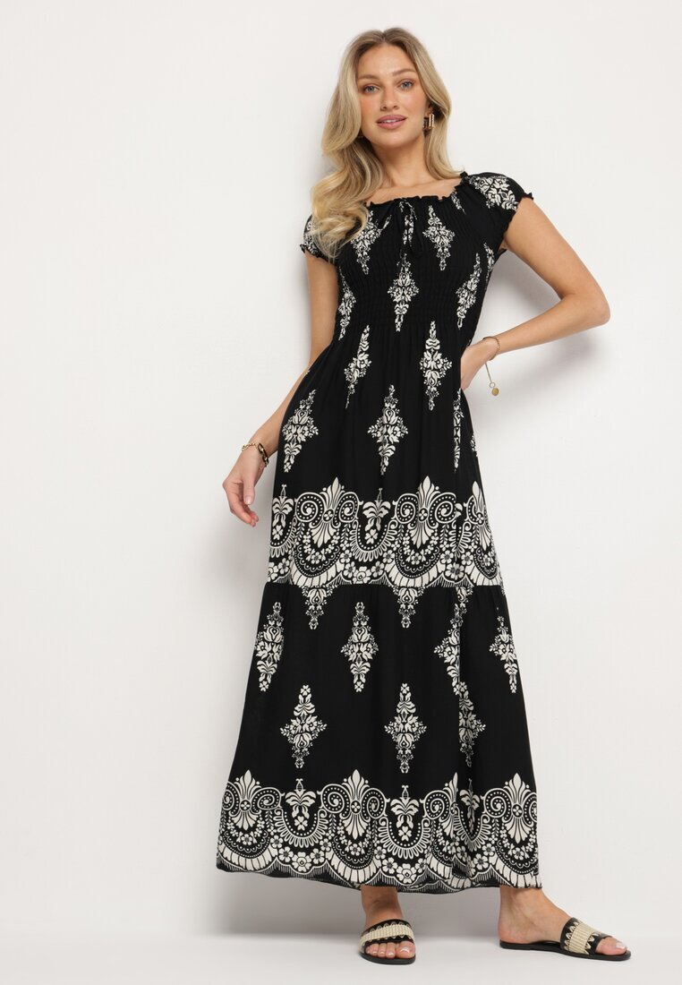 j&x Rochie neagră din vâscoză cu top încrețit și model Boho Ellifae